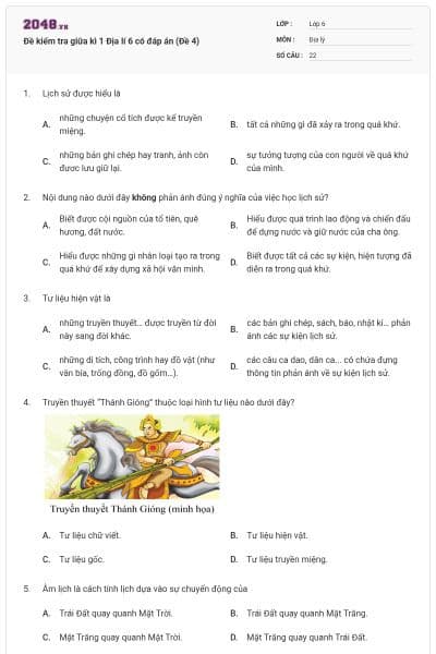 Đề kiểm tra giữa kì 1 Địa lí 6 có đáp án (Đề 4)