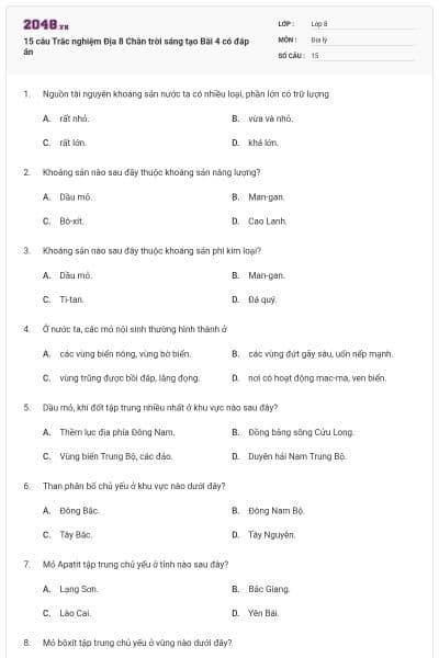 15 câu Trắc nghiệm Địa 8 Chân trời sáng tạo Bài 4 có đáp án