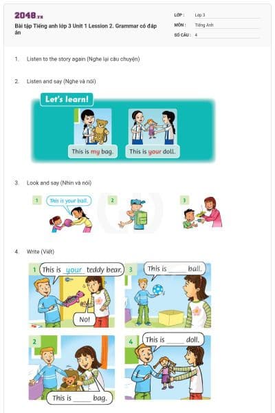 Bài tập Tiếng anh lớp 3 Unit 1 Lession 2. Grammar có đáp án