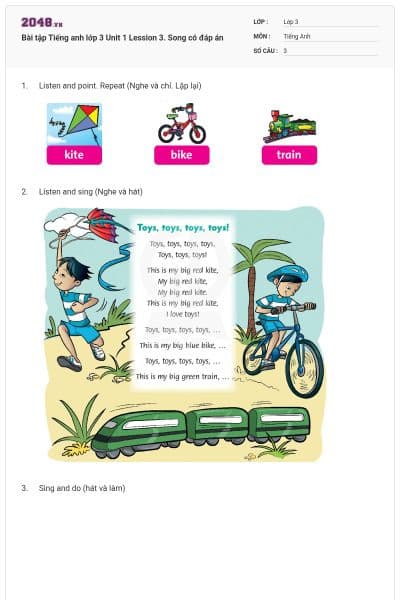 Bài tập Tiếng anh lớp 3 Unit 1 Lession 3. Song có đáp án