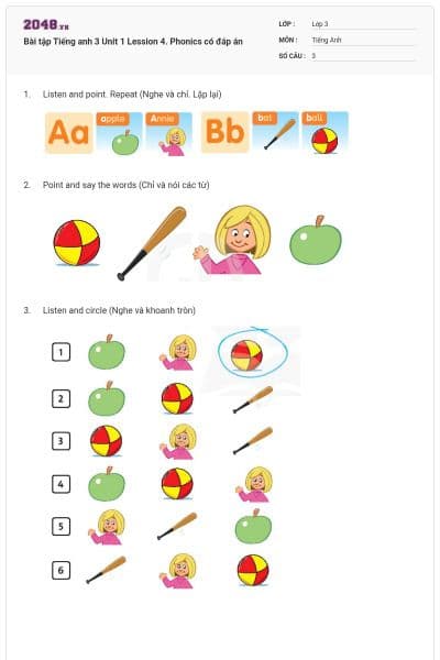Bài tập Tiếng anh 3 Unit 1 Lession 4. Phonics có đáp án
