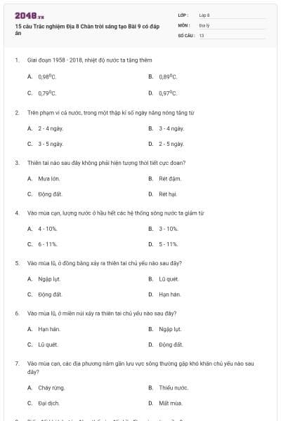15 câu Trắc nghiệm Địa 8 Chân trời sáng tạo Bài 9 có đáp án