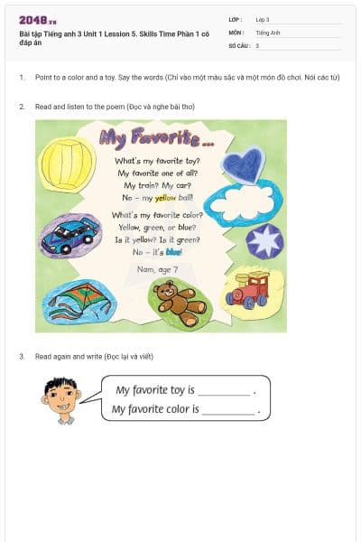 Bài tập Tiếng anh 3 Unit 1 Lession 5. Skills Time Phần 1 có đáp án