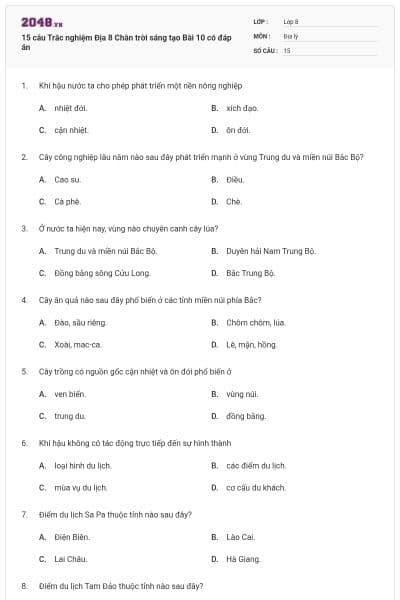 15 câu Trắc nghiệm Địa 8 Chân trời sáng tạo Bài 10 có đáp án