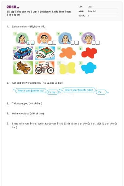 Bài tập Tiếng anh lớp 3 Unit 1 Lession 6. Skills Time Phần 2 có đáp án