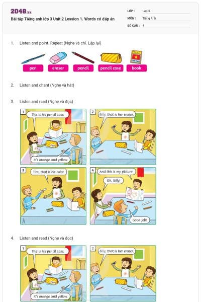 Bài tập Tiếng anh lớp 3 Unit 2 Lession 1. Words có đáp án