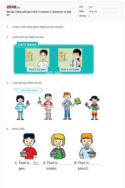 Bài tập Tiếng anh lớp 3 Unit 2 Lession 2. Grammar có đáp án