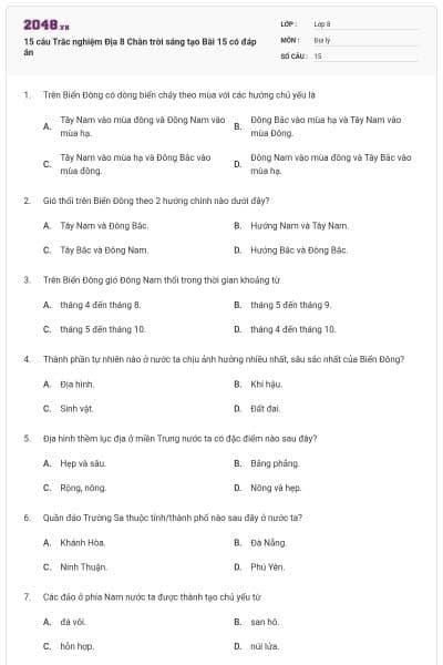 15 câu Trắc nghiệm Địa 8 Chân trời sáng tạo Bài 15 có đáp án