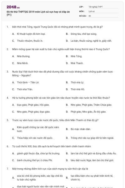 Đề thi thử THPTQG 2019 môn Lịch sử cực hay có đáp án (P1)