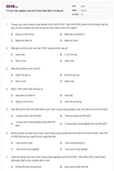 14 câu Trắc nghiệm Lịch sử 8 Cánh diều Bài 2 có đáp án