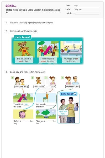 Bài tập Tiếng anh lớp 3 Unit 3 Lession 2. Grammar có đáp án