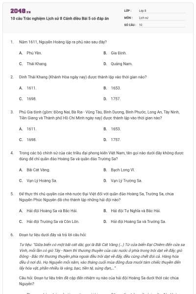 10 câu Trắc nghiệm Lịch sử 8 Cánh diều Bài 5 có đáp án