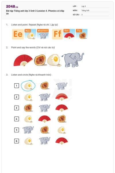Bài tập Tiếng anh lớp 3 Unit 3 Lession 4. Phonics có đáp án
