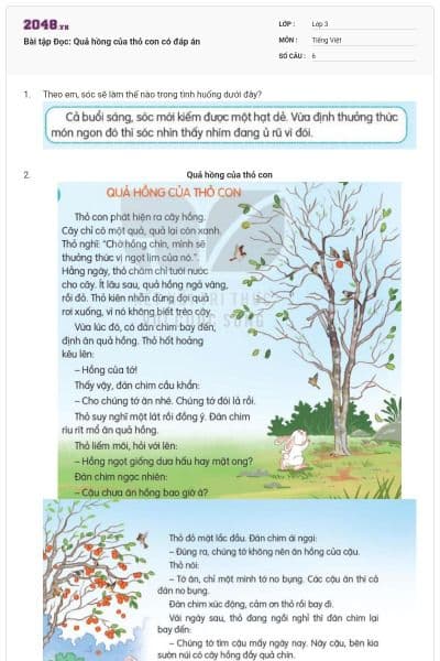 Bài tập Đọc: Quả hồng của thỏ con có đáp án