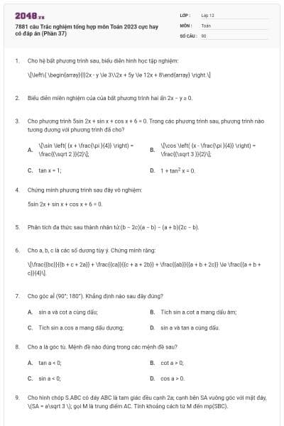 7881 câu  Trắc nghiệm tổng hợp môn Toán 2023 cực hay có đáp án (Phần 37)