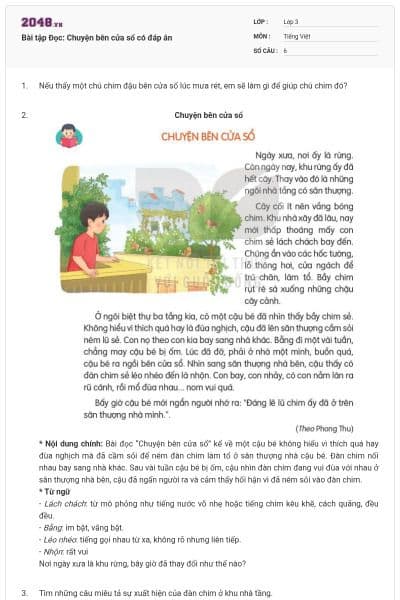 Bài tập Đọc: Chuyện bên cửa sổ có đáp án