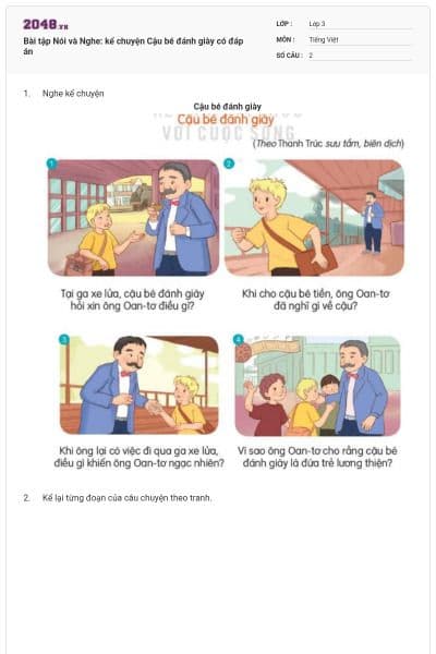 Bài tập Nói và Nghe: kể chuyện Cậu bé đánh giày có đáp án