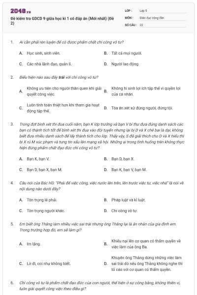 Đề kiểm tra GDCD 9 giữa học kì 1 có đáp án (Mới nhất) (Đề 2)
