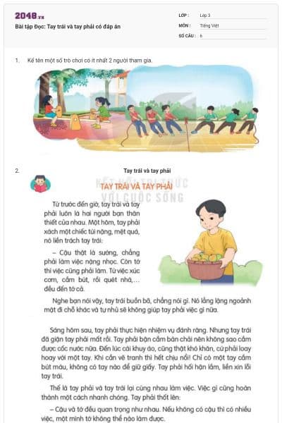 Bài tập Đọc: Tay trái và tay phải có đáp án