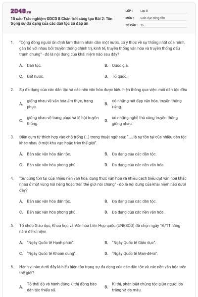 15 câu Trắc nghiệm GDCD 8 Chân trời sáng tạo Bài 2: Tôn trọng sự đa dạng của các dân tộc có đáp án