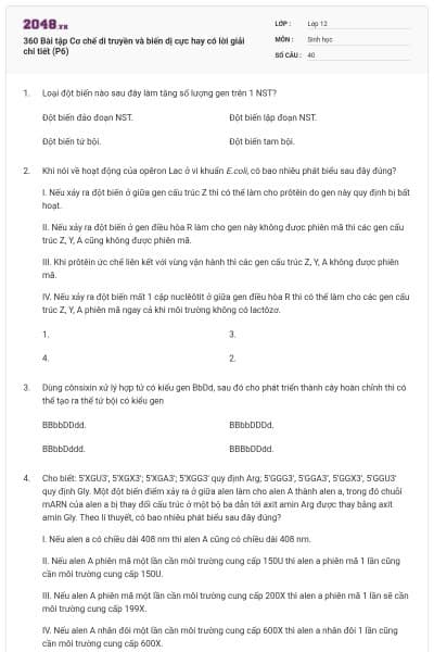 360 Bài tập Cơ chế di truyền và biến dị cực hay có lời giải chi tiết (P6)