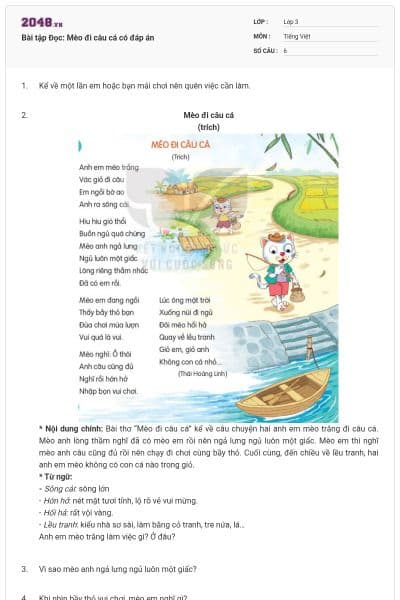 Bài tập Đọc: Mèo đi câu cá có đáp án