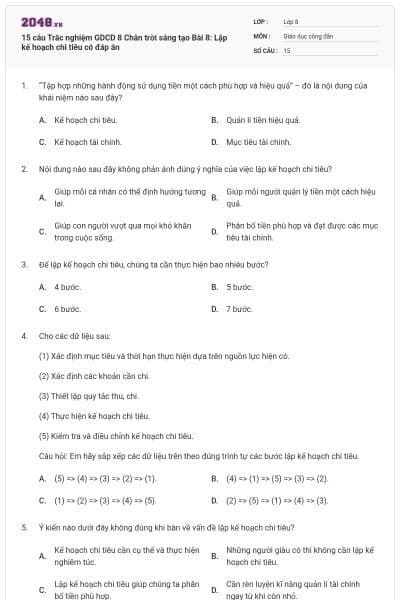 15 câu Trắc nghiệm GDCD 8 Chân trời sáng tạo Bài 8: Lập kế hoạch chi tiêu có đáp án