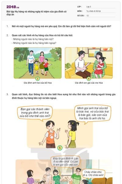 Bài tập Họ hàng và những ngày kỉ niệm của gia đình có đáp án