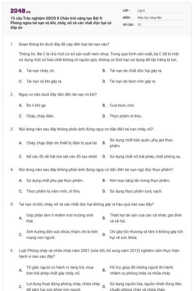 15 câu Trắc nghiệm GDCD 8 Chân trời sáng tạo Bài 9: Phòng ngừa tai nạn vũ khí, cháy, nổ và các chất độc hại có đáp án