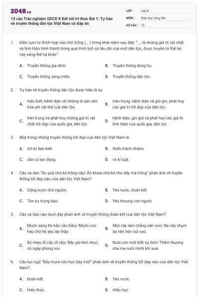 15 câu Trắc nghiệm GDCD 8 Kết nối tri thức Bài 1: Tự hào về truyền thống dân tộc Việt Nam có đáp án