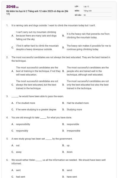 Đề kiểm tra học kì 2 Tiếng anh 12 năm 2023 có đáp án (Đề 17)