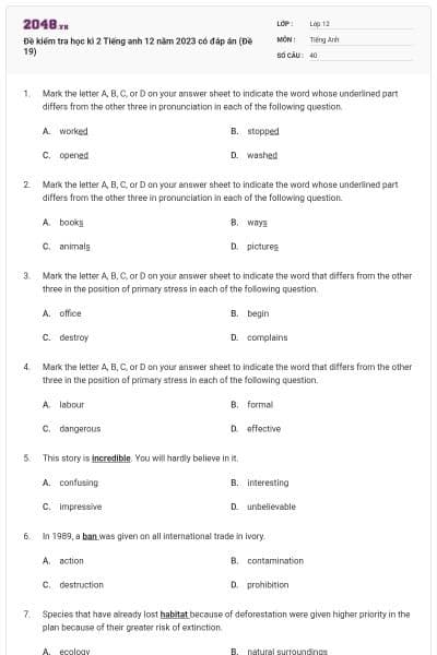 Đề kiểm tra học kì 2 Tiếng anh 12 năm 2023 có đáp án (Đề 19)