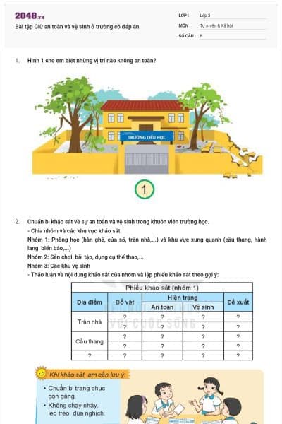 Bài tập Giữ an toàn và vệ sinh ở trường có đáp án