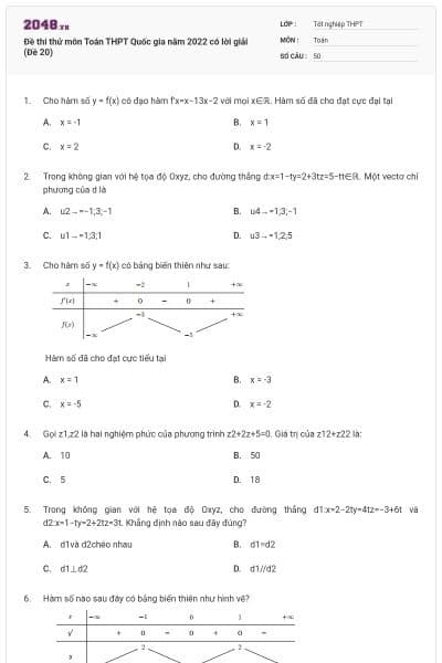 Đề thi thử môn Toán THPT Quốc gia năm 2022 có lời giải (Đề 20)