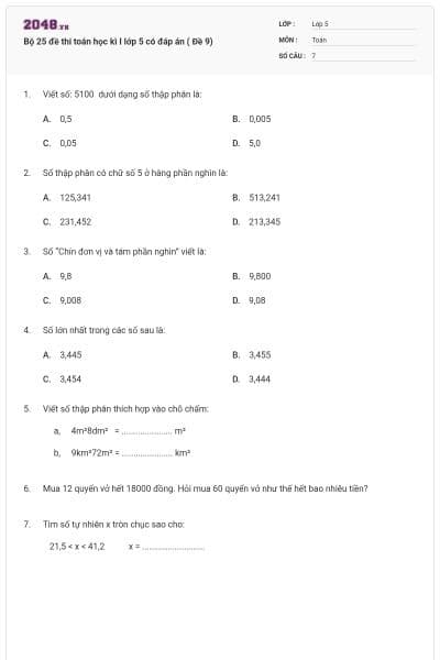 Bộ 25 đề thi toán học kì I lớp 5 có đáp án ( Đề 9)