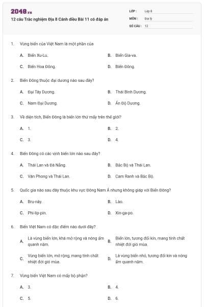 12 câu Trắc nghiệm Địa 8 Cánh diều Bài 11 có đáp án