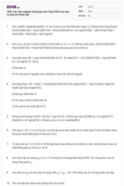 7881 câu  Trắc nghiệm tổng hợp môn Toán 2023 cực hay có đáp án (Phần 38)