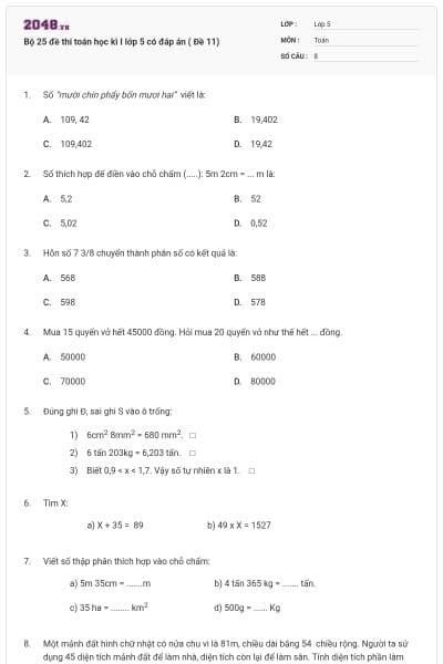 Bộ 25 đề thi toán học kì I lớp 5 có đáp án ( Đề 11)