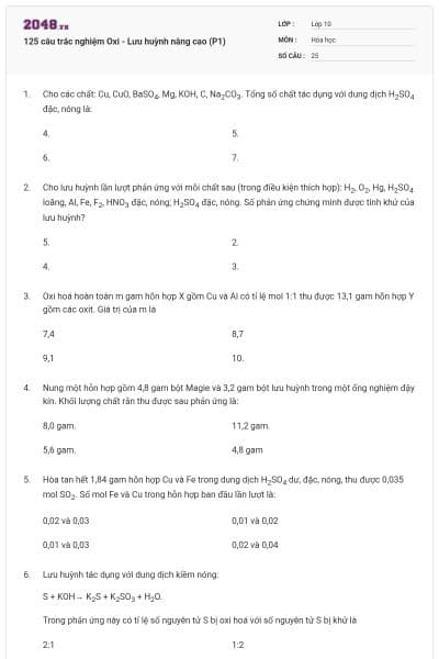 125 câu trắc nghiệm Oxi - Lưu huỳnh nâng cao (P1)