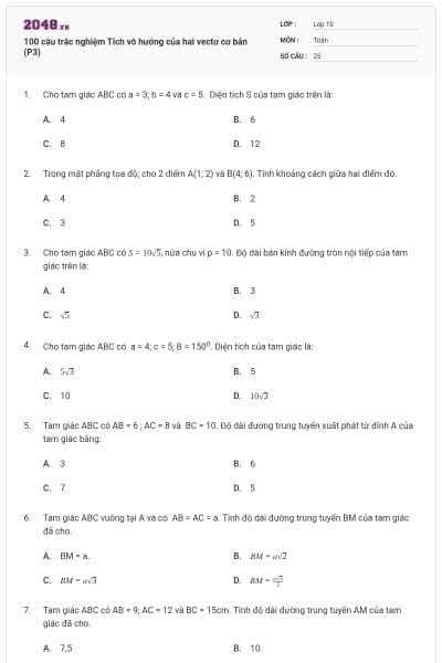 100 câu trắc nghiệm Tích vô hướng của hai vectơ cơ bản (P3)