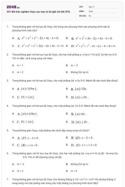 201 Bài trắc nghiệm Oxyz cực hay có lời giải chi tiết (P5)