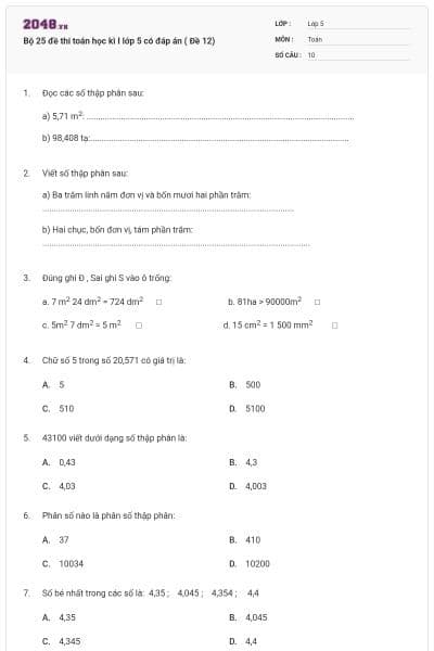 Bộ 25 đề thi toán học kì I lớp 5 có đáp án ( Đề 12)