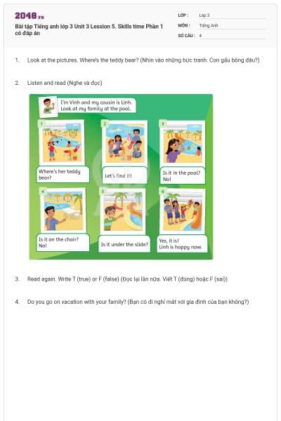 Bài tập Tiếng anh lớp 3 Unit 3 Lession 5. Skills time Phần 1 có đáp án