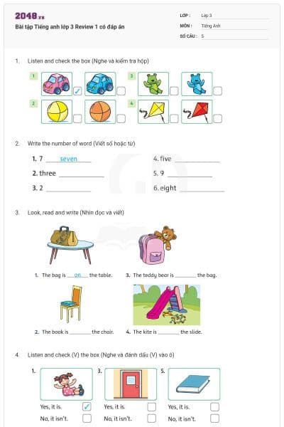 Bài tập Tiếng anh lớp 3 Review 1 có đáp án