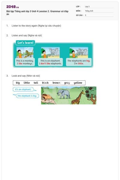 Bài tập Tiếng anh lớp 3 Unit 4 Lession 2. Grammar có đáp án