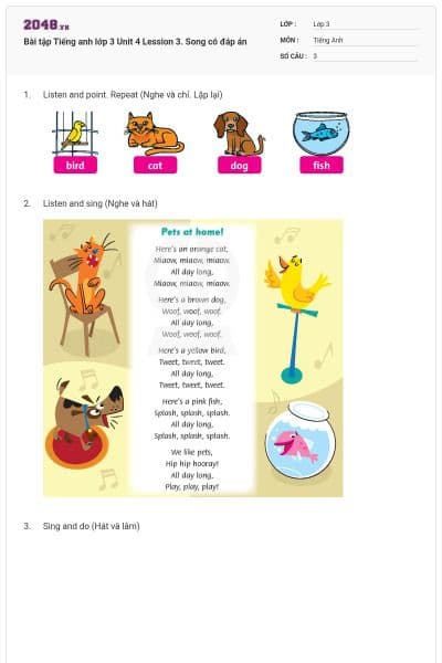 Bài tập Tiếng anh lớp 3 Unit 4 Lession 3. Song có đáp án