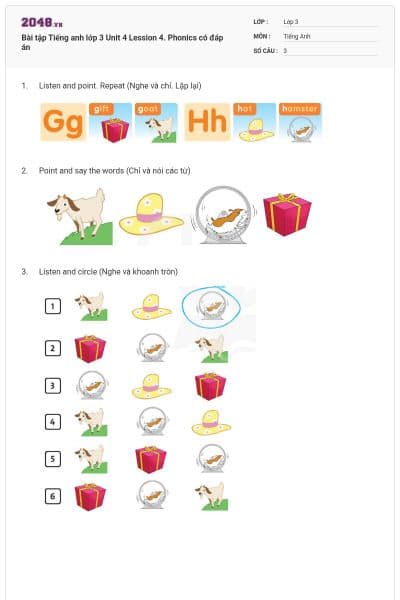 Bài tập Tiếng anh lớp 3 Unit 4 Lession 4. Phonics có đáp án