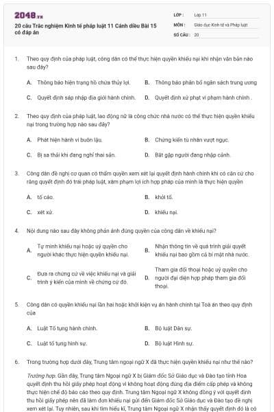 20 câu Trắc nghiệm Kinh tế pháp luật 11 Cánh diều Bài 15 có đáp án