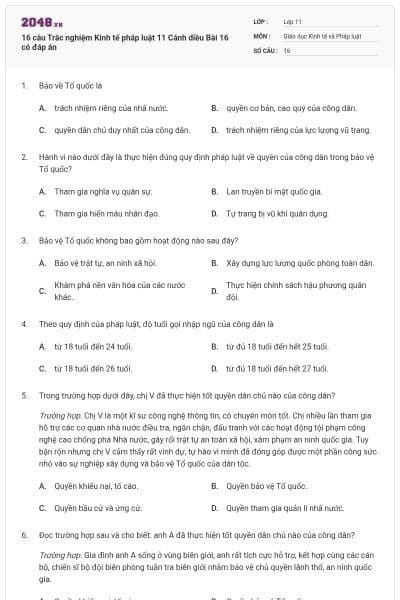 16 câu Trắc nghiệm Kinh tế pháp luật 11 Cánh diều Bài 16 có đáp án