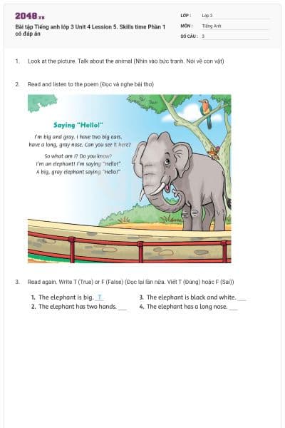 Bài tập Tiếng anh lớp 3 Unit 4 Lession 5. Skills time Phần 1 có đáp án